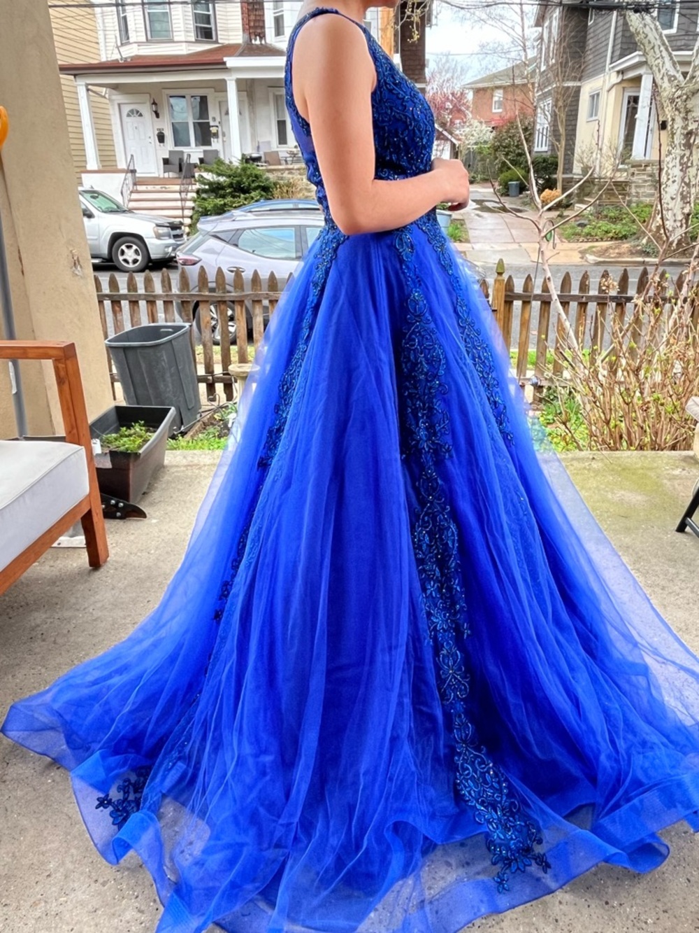 Royal Blue Beaded Tulle Ball Gown - Picture 9 of 11